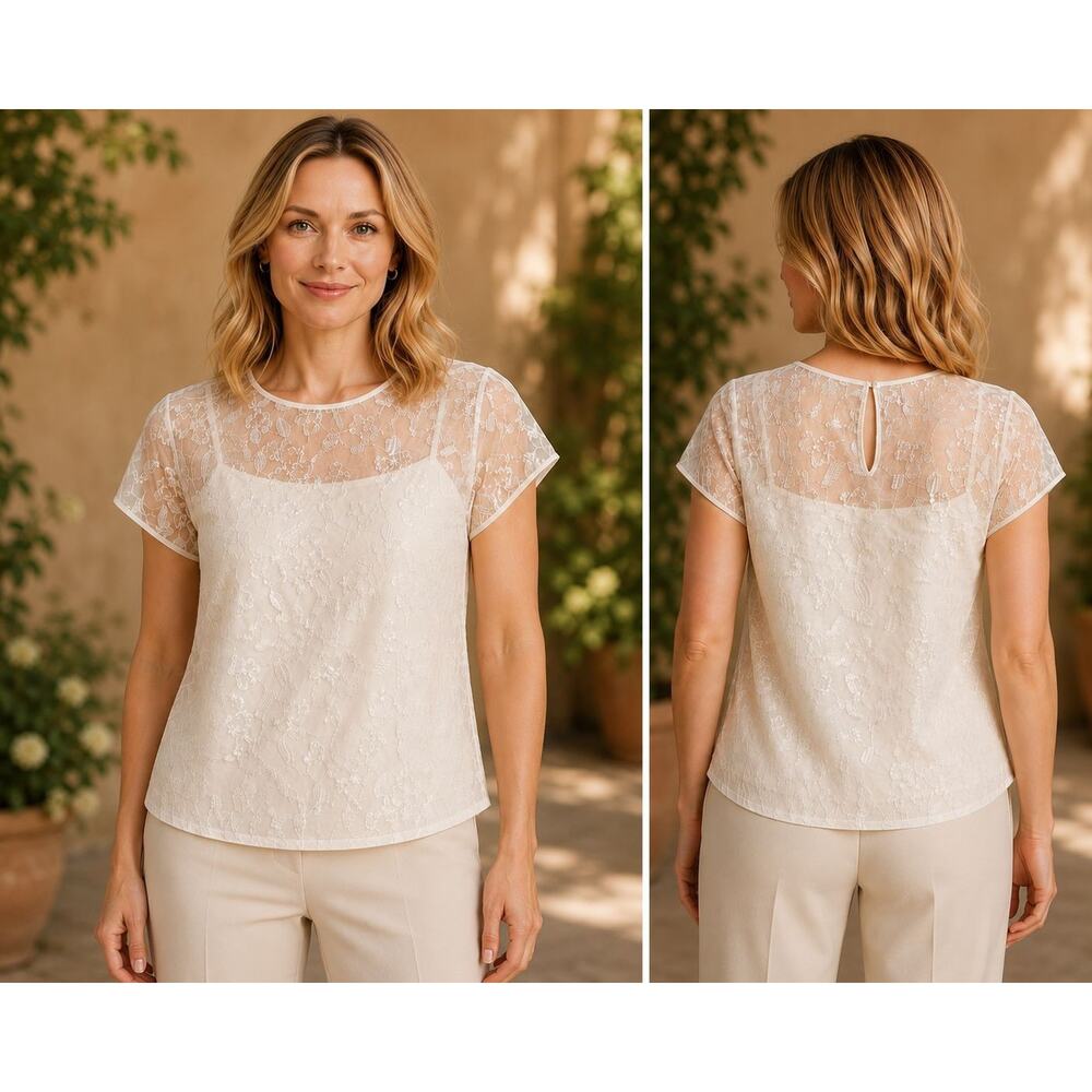 Talbots Pure Silk Embroidered Blouse Cream Size 12 Attached Under Camisole